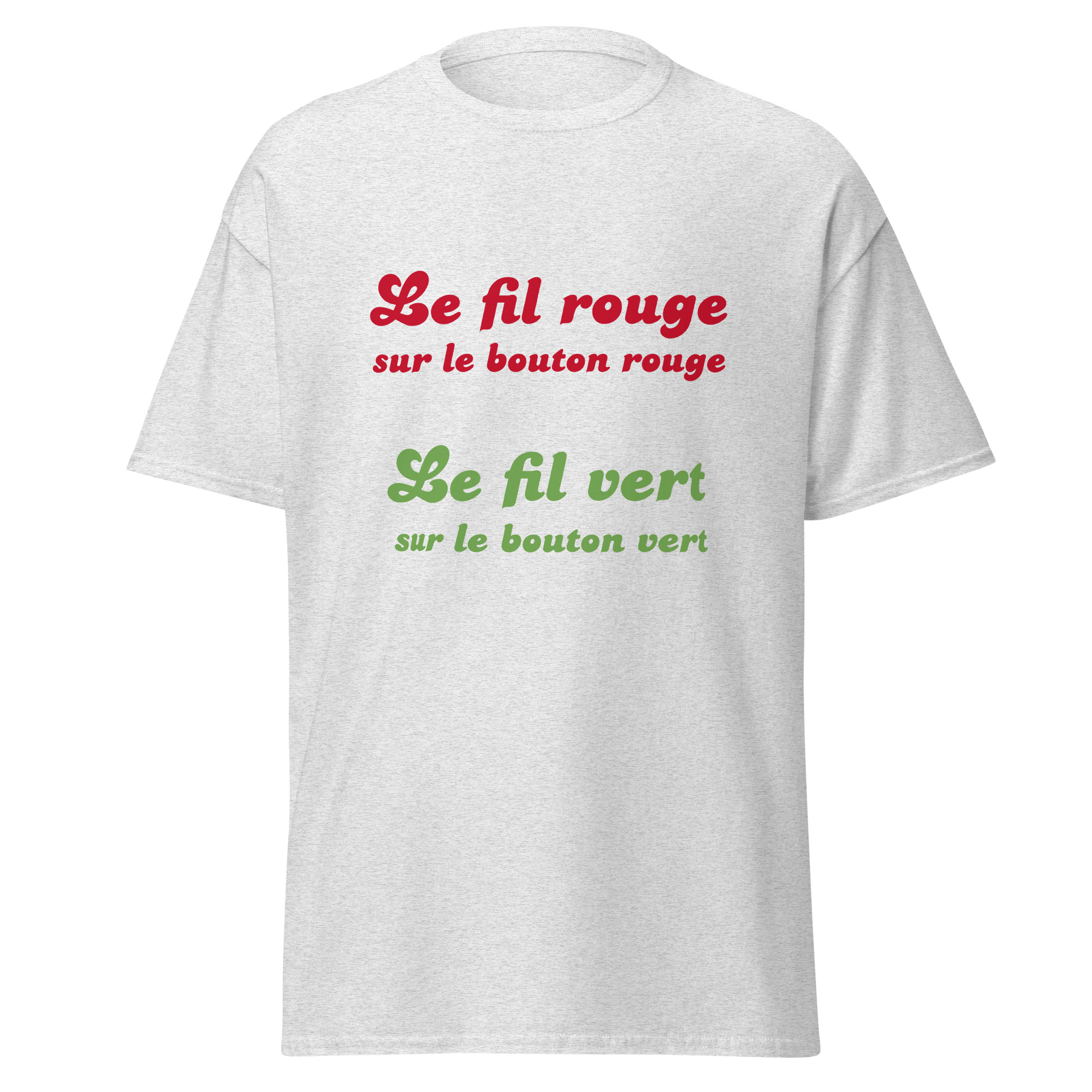 "Le fil rouge sur le bouton rouge, le fil vert sur le bouton vert." Ce t-shirt reprend l'une des répliques les plus cultes de La 7ème Compagnie. Parfait pour les fans de cette comédie emblématique, il ajoute une touche d'humour et de nostalgie à votre look, tout en rendant hommage à cette scène légendaire.