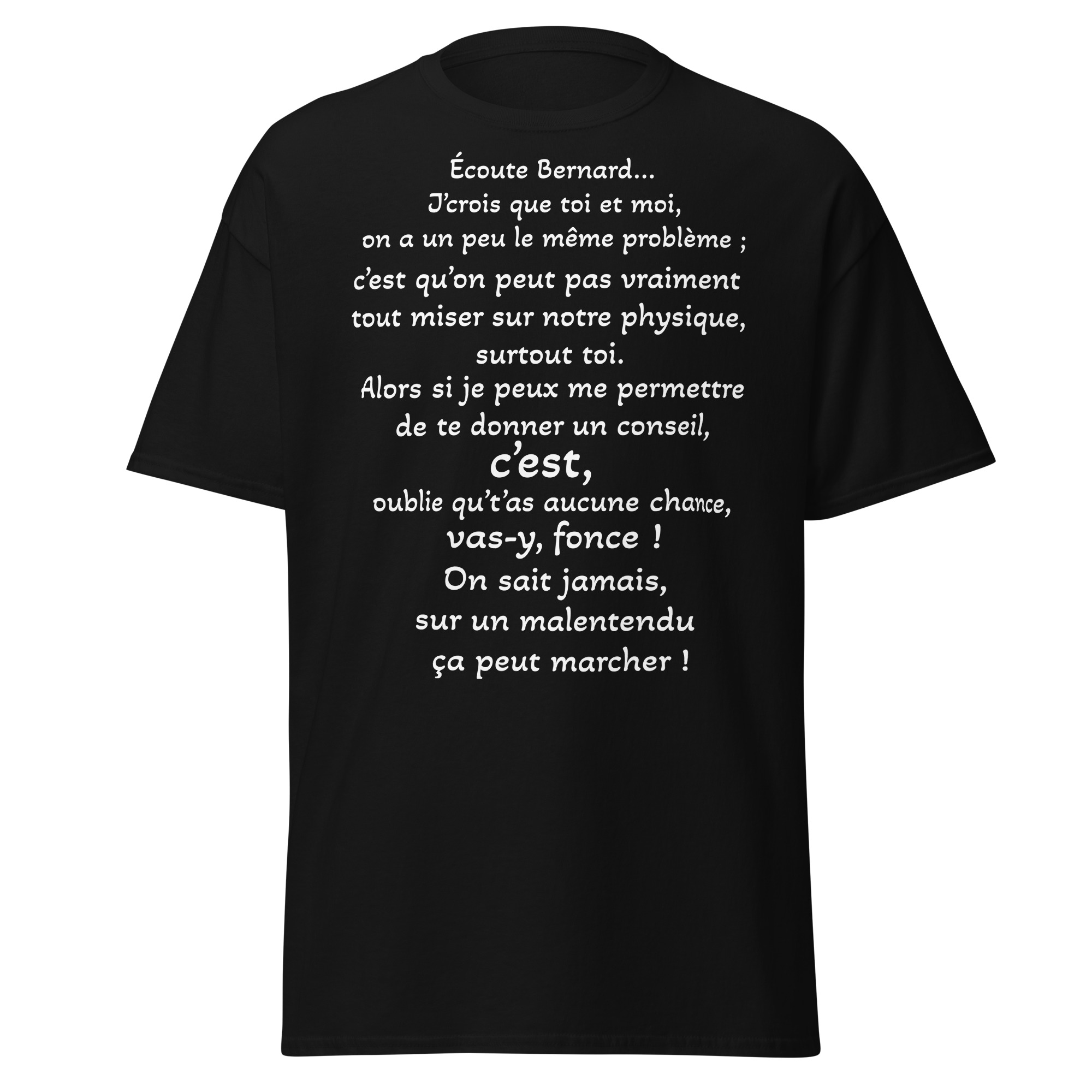 T-shirt "On sait jamais, sur un malentendu, ça peut marcher." Ce t-shirt reprend une réplique culte des Bronzés, parfait pour les fans de cette comédie intemporelle. Affichez votre humour et votre amour pour ce film emblématique avec cette phrase devenue légendaire, tout en ajoutant une touche fun et décontractée à votre style !