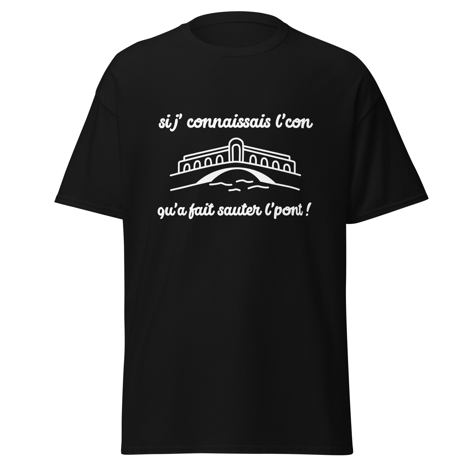 "Si j'connaissais l'con qu'a fait sauter l'pont !" Ce t-shirt met à l'honneur une réplique culte de La 7ème Compagnie, un classique de la comédie française. Parfait pour les fans du film, il apporte une touche d'humour et de nostalgie à votre tenue, tout en rendant hommage à cette scène légendaire.