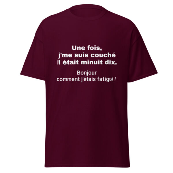 Affichez votre humour avec ce t-shirt original arborant la célèbre réplique de La Tour Montparnasse Infernale : "Une fois, j'me suis couché il était minuit dix. Bonjour comment j'étais fatigué !". Conçu pour les fans de cette comédie culte, ce t-shirt allie confort et style décontracté. Fabriqué en coton doux, il vous accompagnera dans toutes vos aventures tout en suscitant des sourires et des souvenirs de ce film hilarant. Un must-have pour tous les amateurs de bonnes répliques !