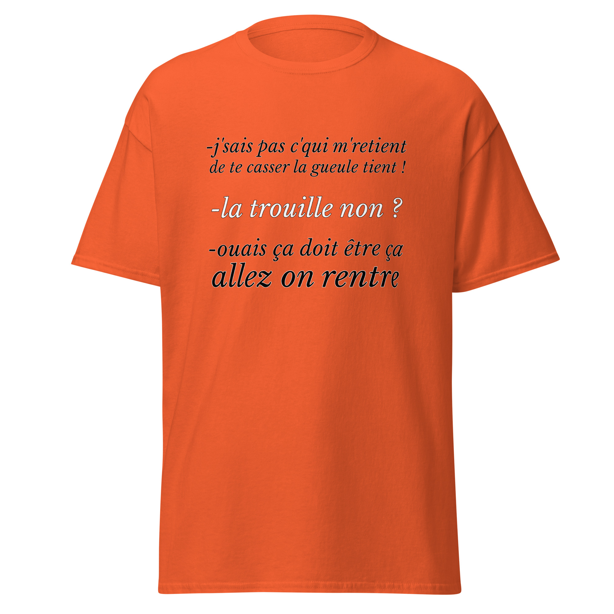 "J'sais pas c'qui me retient de te casser la gueule ! — La trouille, non ? — Ouais, ça doit être ça. Allez, on rentre." Ce t-shirt reprend une réplique légendaire des Bronzés font du ski, un classique de la comédie française. Parfait pour les fans de cette saga culte, il ajoute une touche d'humour et de nostalgie à votre style, tout en rendant hommage à ce film indémodable !