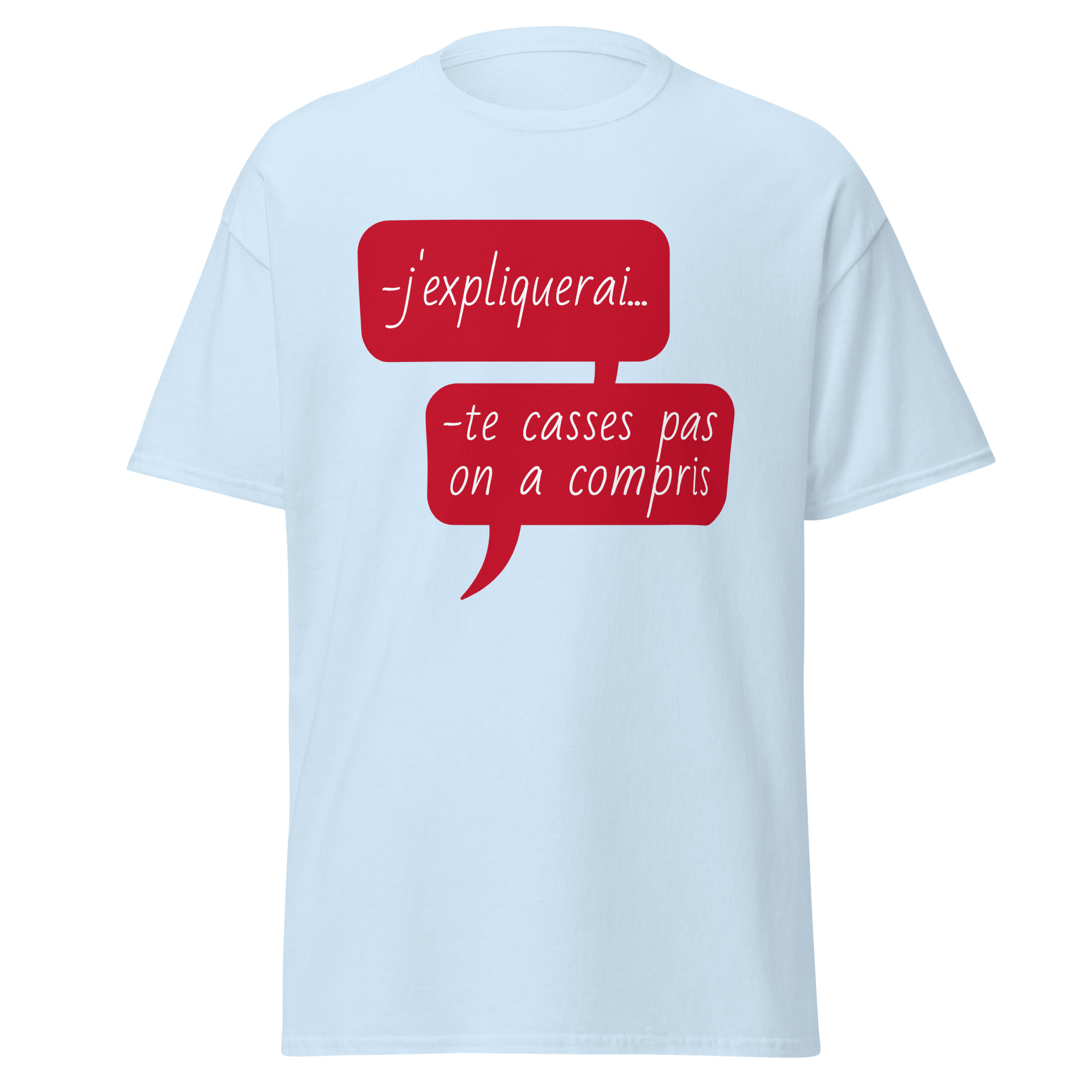 "J'expliquerai... te casses pas, on a compris." Ce t-shirt reprend la réplique culte de Thierry Lhermitte dans la scène du magasin avec Gérard Jugnot et Josiane Balasko dans Les Bronzés font du ski. Idéal pour les fans de cette comédie légendaire, il ajoute une touche d'humour et de nostalgie à votre style, tout en rendant hommage à ce moment mémorable du film.